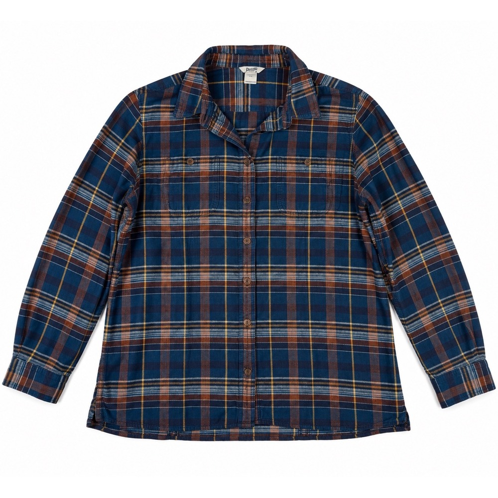 Duluth Trading Co Womens XL Free Swingin Flannel Shirt Blue Orange Plaid Cotton